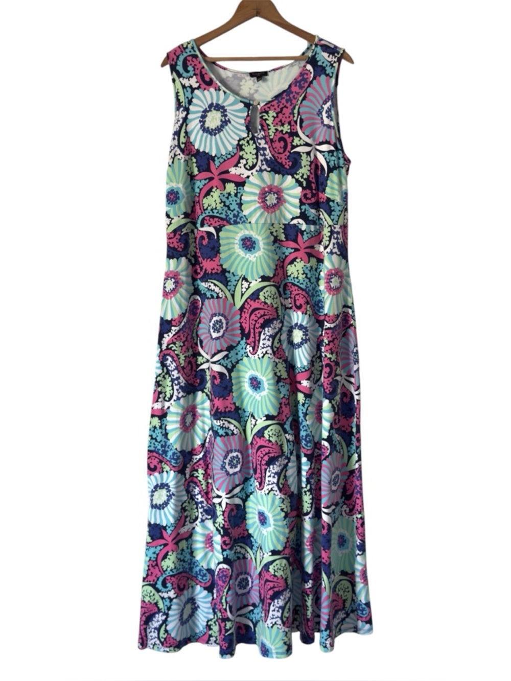 Talbots Floral Jersey Knit Maxi Dress 2X Blue Pink Vibrant Flowers Sleeveless